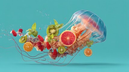Vibrant jellyfish made of fresh fruit floating in the ocean water for healthy food concept