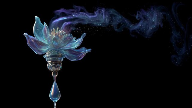 An ethereal lotus exudes enchanting wisps of colorful smoke, creating a mesmerizing spectacle during twilight. The harmony of colors evokes a sense of tranquility and wonder.