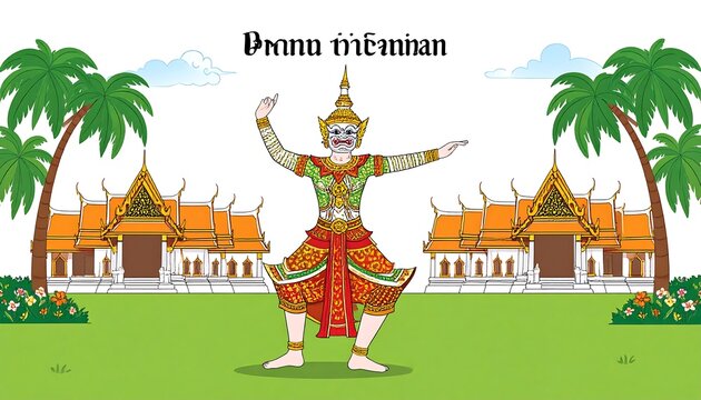 Thai Khon dancer in traditional temple setting