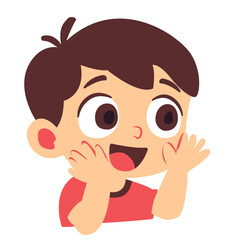Illustration of a cheerful boy with wide open mouth smiling, raising hand to shout happily in excitement.
