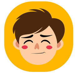 Cute cartoon boy face with closed eyes and blushing cheeks, showing a shy but happy smile.
