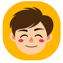 Cartoon boy smiling with closed eyes and cheerful face showing happy and joyful mood on turquoise background.
