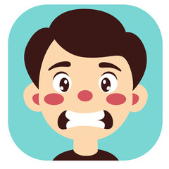 Cartoon boy with angry face, teeth showing and frowning eyebrows, isolated on white background illustration.
