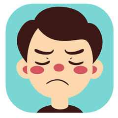 Cartoon boy showing disappointed expression, eyes closed with frowning face, isolated on white background illustration.
