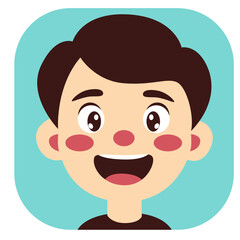Cartoon boy smiling happily with cheerful face, open mouth, bright eyes, isolated on white background illustration.
