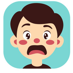 Cute cartoon boy with surprised expression, wide open mouth and eyes, isolated on white background illustration.
