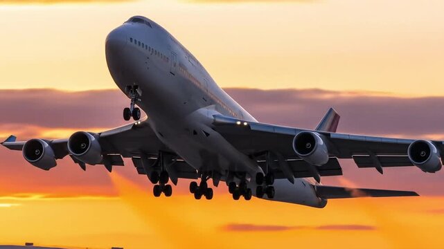 Soaring Above: A large passenger aircraft ascends gracefully against a vivid sunset, capturing the spirit of travel and the beauty of flight. 