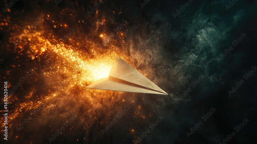 Canvas Prints a glowing paper airplane made of light emerging from a vortex of swirling atomic particles and fire,