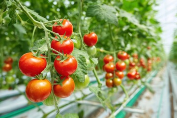Ripe red tomatoes growing on lush green vines inside a greenhouse, surrounded by healthy leaves and natural light