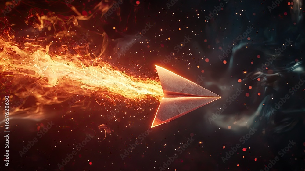 Canvas Prints a glowing paper airplane made of light emerging from a vortex of swirling atomic particles and fire,