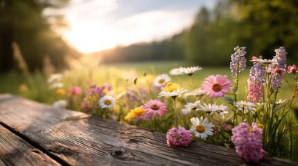 Obraz premium Wildflowers bloom beside a rustic wooden bench in a sunlit meadow, with a soft focus forest background at sunset