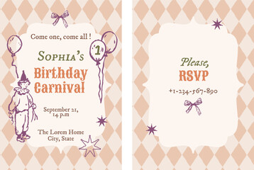 Playful vintage-inspired carnival invitation with hand-drawn clown illustrations, pastel colors, and whimsical retro details. Perfect for kids’ birthdays, circus-themed parties