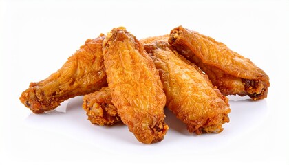 Seven crispy golden fried chicken wings arranged on a clean white background
