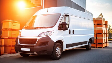 A white delivery van parked near orange boxes outside a modern building at sunset