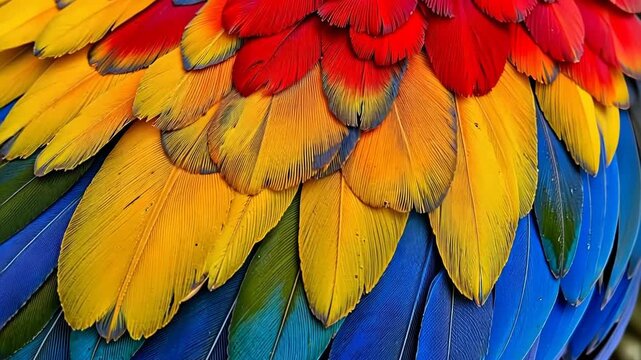 Close-Up View of Vibrant Parrot Feathers Showcasing Incredibly Rich Colors and Intricate Patterns in Stunning Detail