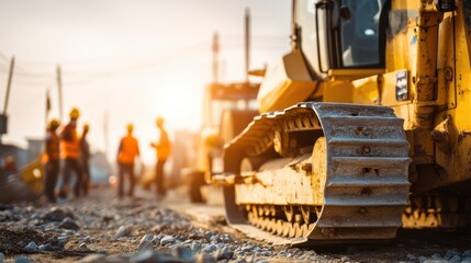 A close-up of a construction vehicle’s track with workers in safety vests and helmets standing in the background at a sunlit construction site