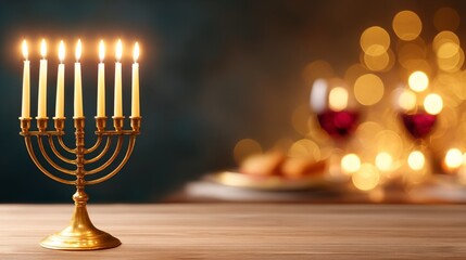 Fototapeta premium A beautifully lit menorah with golden candles, symbolizing tradition and celebration. Soft bokeh lights and wine glasses create a warm, festive ambiance.