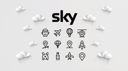 A set of 12 minimalist line art icons arranged in a 3x4 grid with the word Sky in black text at the top.  