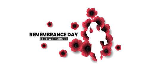 Remembrance day poster, Lest We forget 11 November greeting banner or card of poppy flowers, Vector illustration.