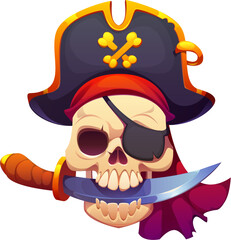 Caribbean pirates game, cartoon skull in corsair captain tricorne hat, vector heraldry. Caribbean pirates adventure game skeleton skull in bandana with crossbones, corsair eyepatch and dagger in jaw