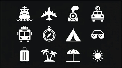 Fototapeta premium A set of 12 white transportation and travel icons arranged in a 3x4 grid against a black background .