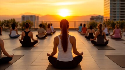 A serene sunset yoga session with a group of individuals meditating on a rooftop, promoting wellness and mindfulness amidst a beautiful skyline.