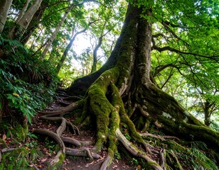 Ancient moss-covered tree roots winding up a forest path with lush green foliage.