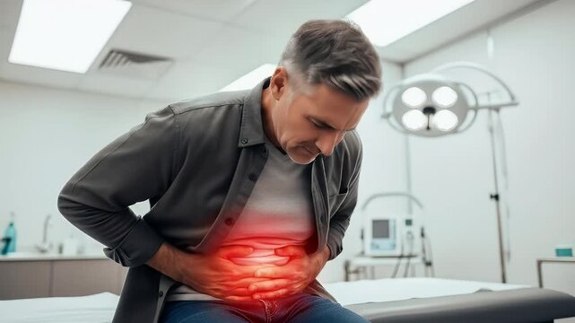 Man with stomach pain in a clinic