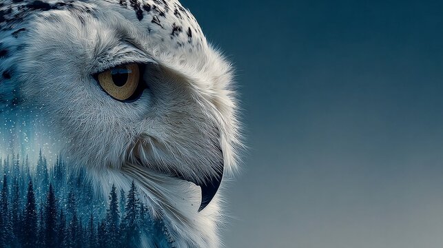 A stunning close-up of a snow owl showcasing its majestic features and intricate feather patterns against a soft, blue background.