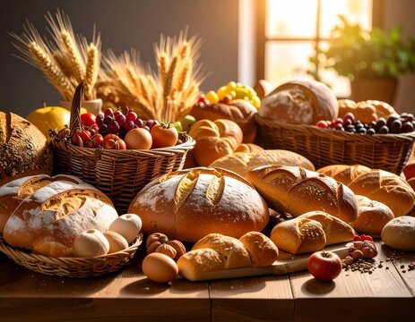 A rustic harvest of freshly baked artisanal bread, baguettes, and pastries artfully arranged on a wooden table, accented with ripe fruits and wheat stalks, evoking warmth and abundance - Powered by Adobe
