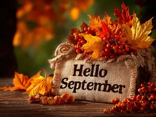 Warm autumn colors decorate a rustic sign that says 'Hello September,' capturing the essence of fall with vibrant leaves and cozy vibes.