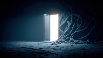 A glowing open door stands in a dark, mysterious room with twisted tree roots creeping along the floor and walls