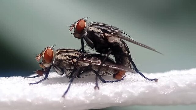 Mating flesh flies (Sarcophagidae) are a species of parasitic fly known for the way their larvae (maggots) feed on living tissue.