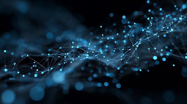 Dynamic digital network visualization with glowing blue nodes and connections on dark background