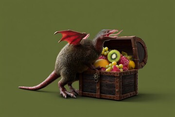 Dragon kiwi bird guarding a treasure chest full of fresh fruits grapes raspberries kiwi lemons and mangoes