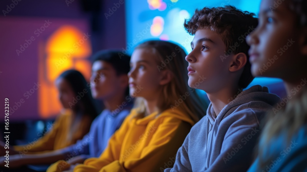 Poster young students engaged in an interactive ai learning session in a modern classroom