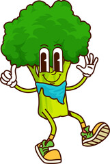 Cartoon groovy broccoli vegetable cowboy and bandit character. Vector fresh veggie ranger retro y2k personage, healthy food horseman. Brave garden greenery stockrider with thumbs up and hippie vibe