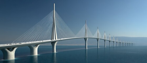 A modern cable-stayed bridge stretches elegantly across a calm body of water under a clear blue sky