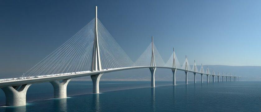 A modern cable-stayed bridge stretches elegantly across a calm body of water under a clear blue sky