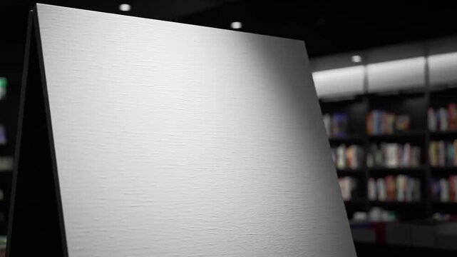 Blank white presentation board against dark bookshelves