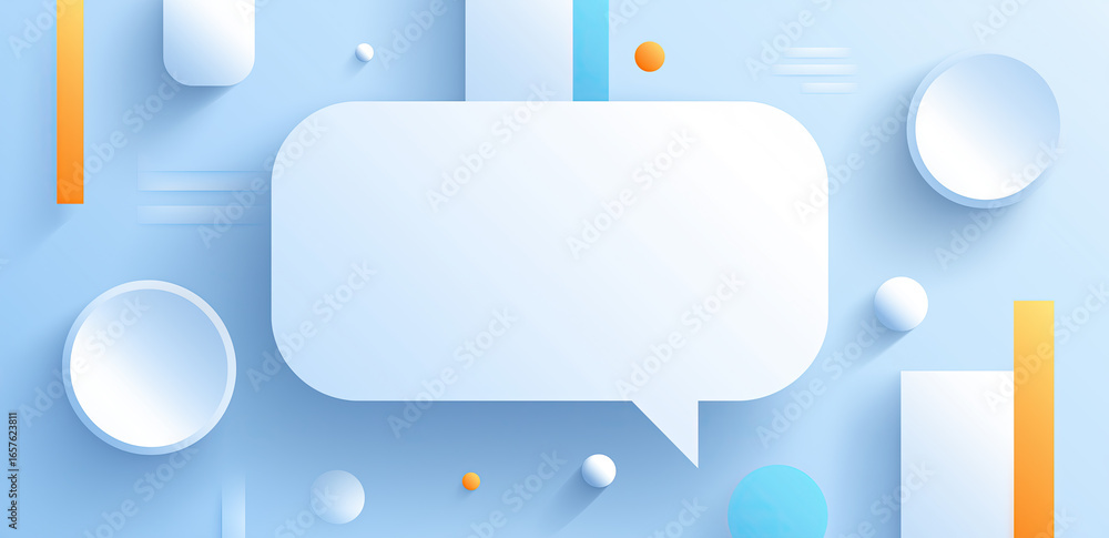Poster blue-toned communication interface features geometric elements surrounding central message bubble.