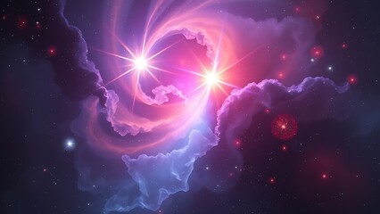 Two star cores weave jewel-toned gas ribbons in an ultra-detailed cosmic nebula close-up.