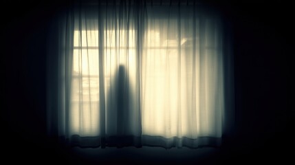 A shadowy silhouette stands behind sheer curtains, creating a mysterious and eerie atmosphere near a window