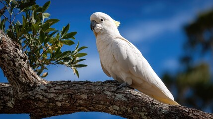 Fototapeta premium white cockatoo perched on a tree branch against a bright blue sky backdrop