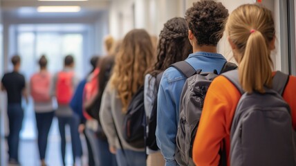 Students waiting in line in a school hallway during the morning rush hour for their classes to start