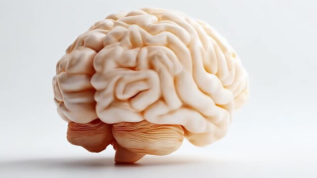 Detailed 3D model of a human brain, presented in a light beige hue against a plain white background.