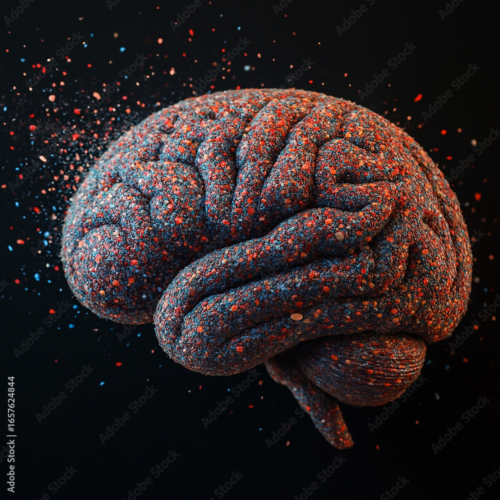 Aufkleber ai generated conceptual art of a human brain formed by colorful particles bursting into dynamic frag