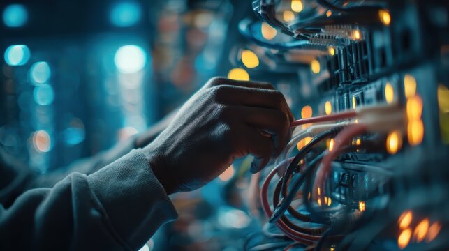 A technician connects network cables to a server rack, surrounded by glowing indicator lights in a data center