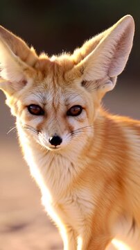 Close Up Portrait of A Cream Fennec Fox with Large Ears in Golden Light Background
