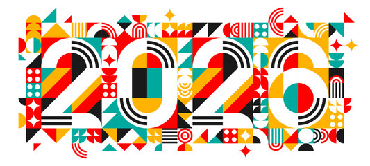 2026 new year banner. Vibrant geometric typography created from colorful abstract shapes and patterns in red, yellow, black, turquoise or white. Vector festive calendar number date with retro elements